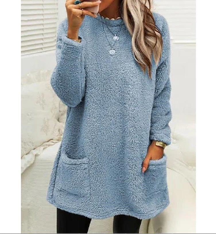 Women's Fleece Pullover Long Sweater With Pockets Winter Warm Casual Long Sleeve