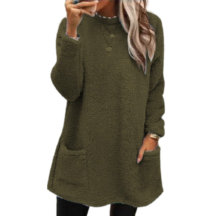 Women's Fleece Pullover Long Sweater With Pockets Winter Warm Casual Long Sleeve