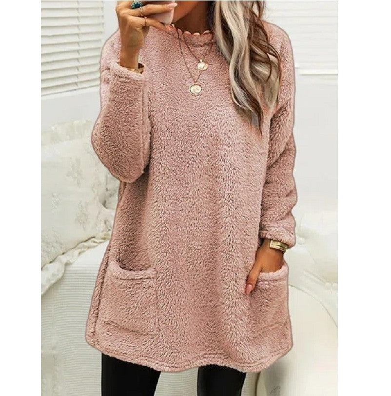 Women's Fleece Pullover Long Sweater With Pockets Winter Warm Casual Long Sleeve