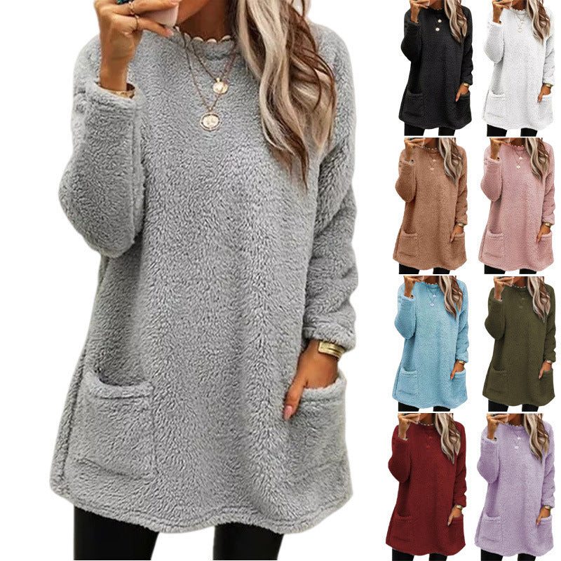 Women's Fleece Pullover Long Sweater With Pockets Winter Warm Casual Long Sleeve