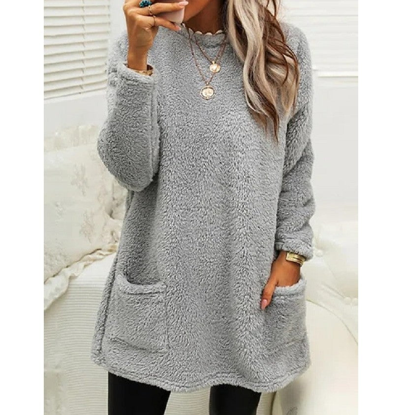 Women's Fleece Pullover Long Sweater With Pockets Winter Warm Casual Long Sleeve