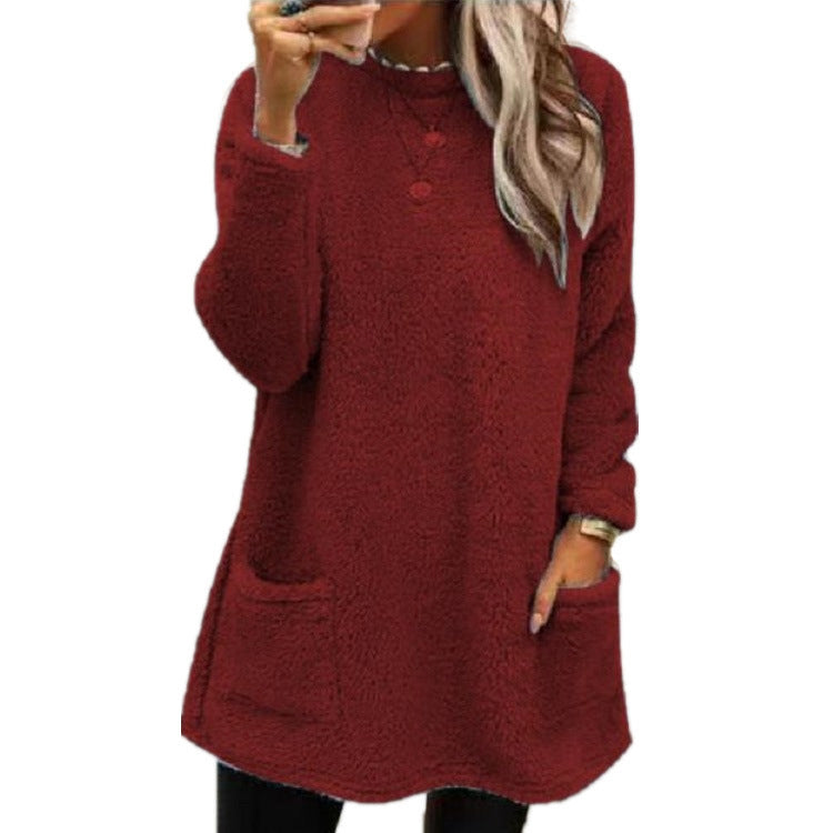 Women's Fleece Pullover Long Sweater With Pockets Winter Warm Casual Long Sleeve