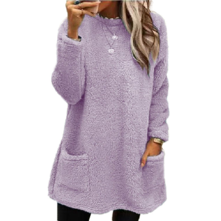 Women's Fleece Pullover Long Sweater With Pockets Winter Warm Casual Long Sleeve